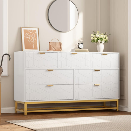 Dresser for Bedroom, 53.5" Wide Dresser Organizer, 7 Drawer with Golden Metal Handle and Legs, Modern Chest of Drawers for Closet, Hallway, Living Room, Entryway, White