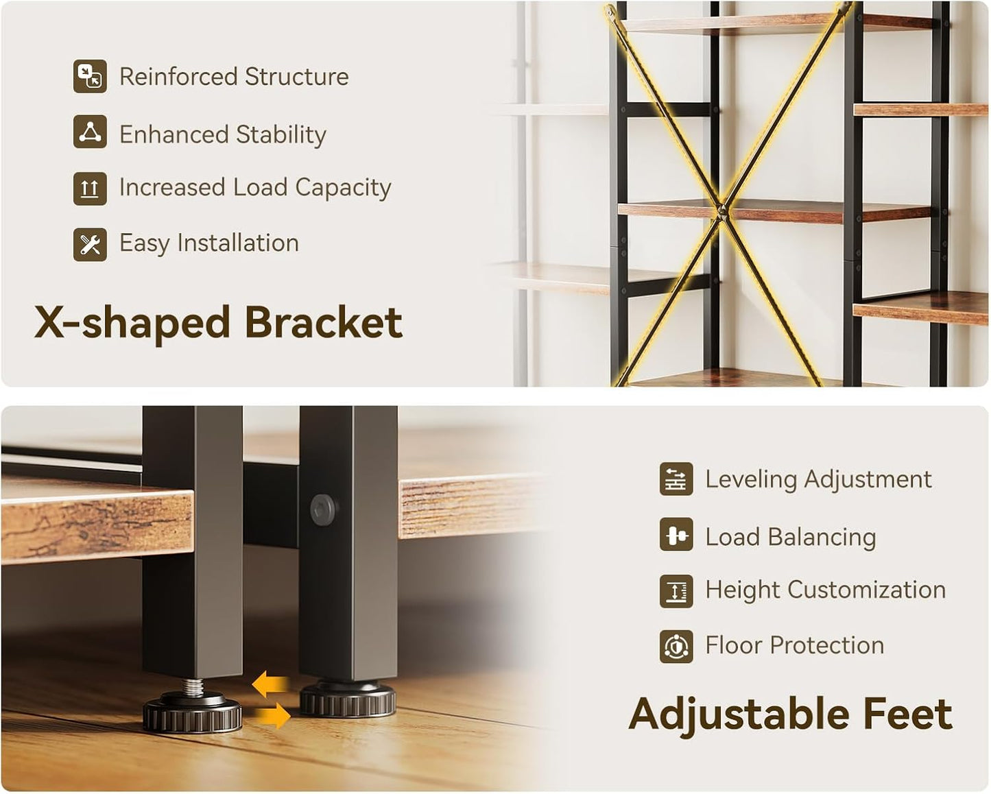 Casaottima Triple 6 Tier Bookshelf, Large Bookcase with 17 Open Display Shelves, Modern Industrial Book Shelves Book Case for Bedroom, Wide Standing Shelving Unit for Living Room Home Office, Vintage