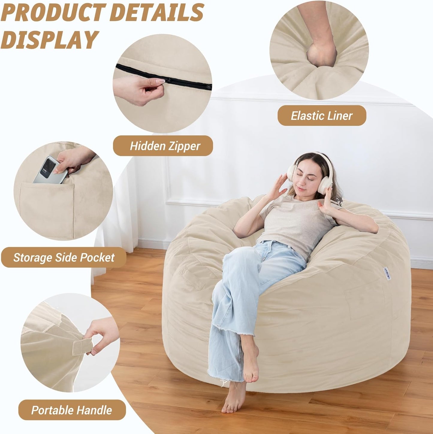 4FT Bean Bag Chair with Ultra Soft Velvet Cover Bean Bag Sofa with Memory Foam Bean Bag Chairs with Large Size Lazy Sofa for Dorm Office Living Room Bedroom Beige 4'