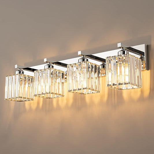 Modern 4-Light Chrome Crystal Bathroom Vanity Light Fixtures