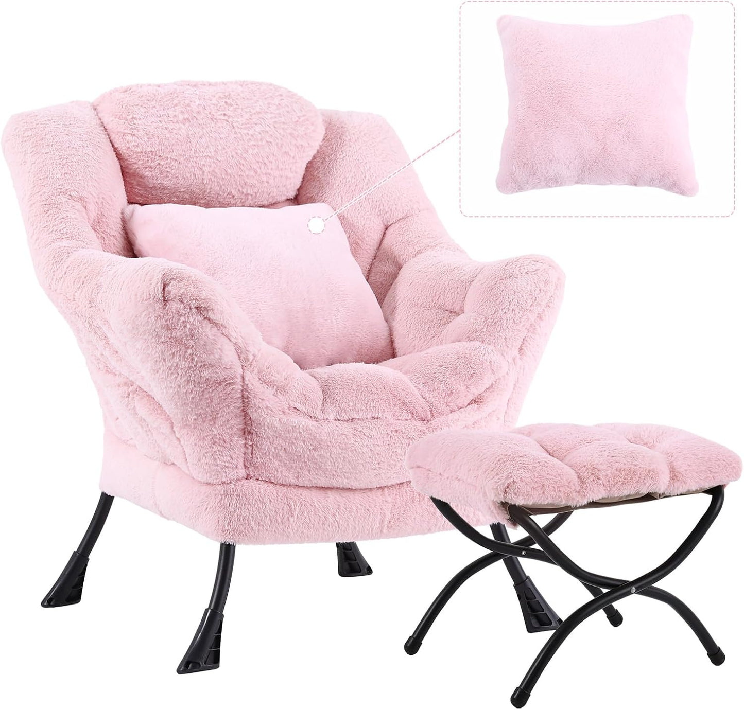 Lazy Chair with Ottoman, Comfy Reading Lounge Chair with Footstool & Throw Pillow Modern with Armrests & Side Pocket for Living Room, Bedroom, Dorm Room, Plush Pink