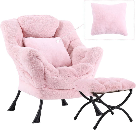 Lazy Chair with Ottoman, Comfy Reading Lounge Chair with Footstool & Throw Pillow Modern with Armrests & Side Pocket for Living Room, Bedroom, Dorm Room, Plush Pink