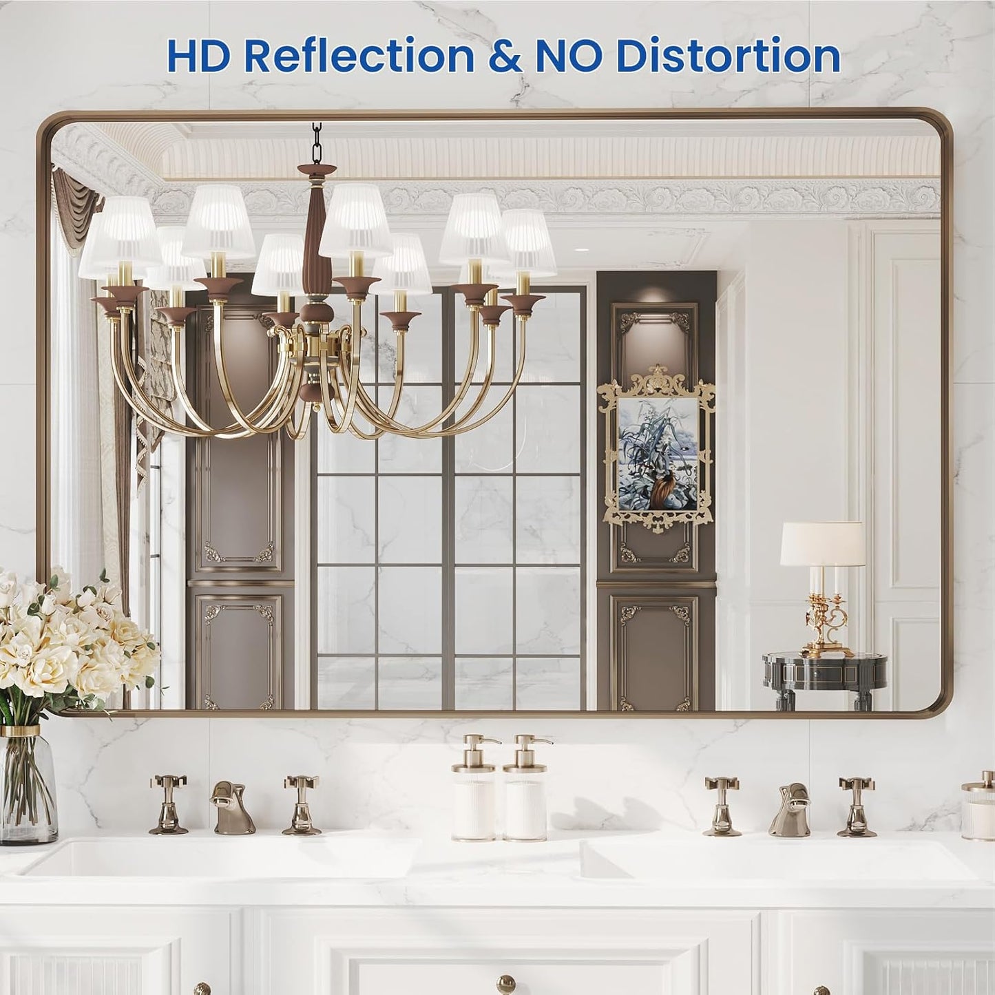 WEER Bronze Framed Modern Wall-Mounted Bathroom Mirror, 55"L x 36"W, Brushed Bronze Aluminum Frame, Shatterproof Tempered Glass, Rounded Rectangle, Horizontal/Vertical Mounting