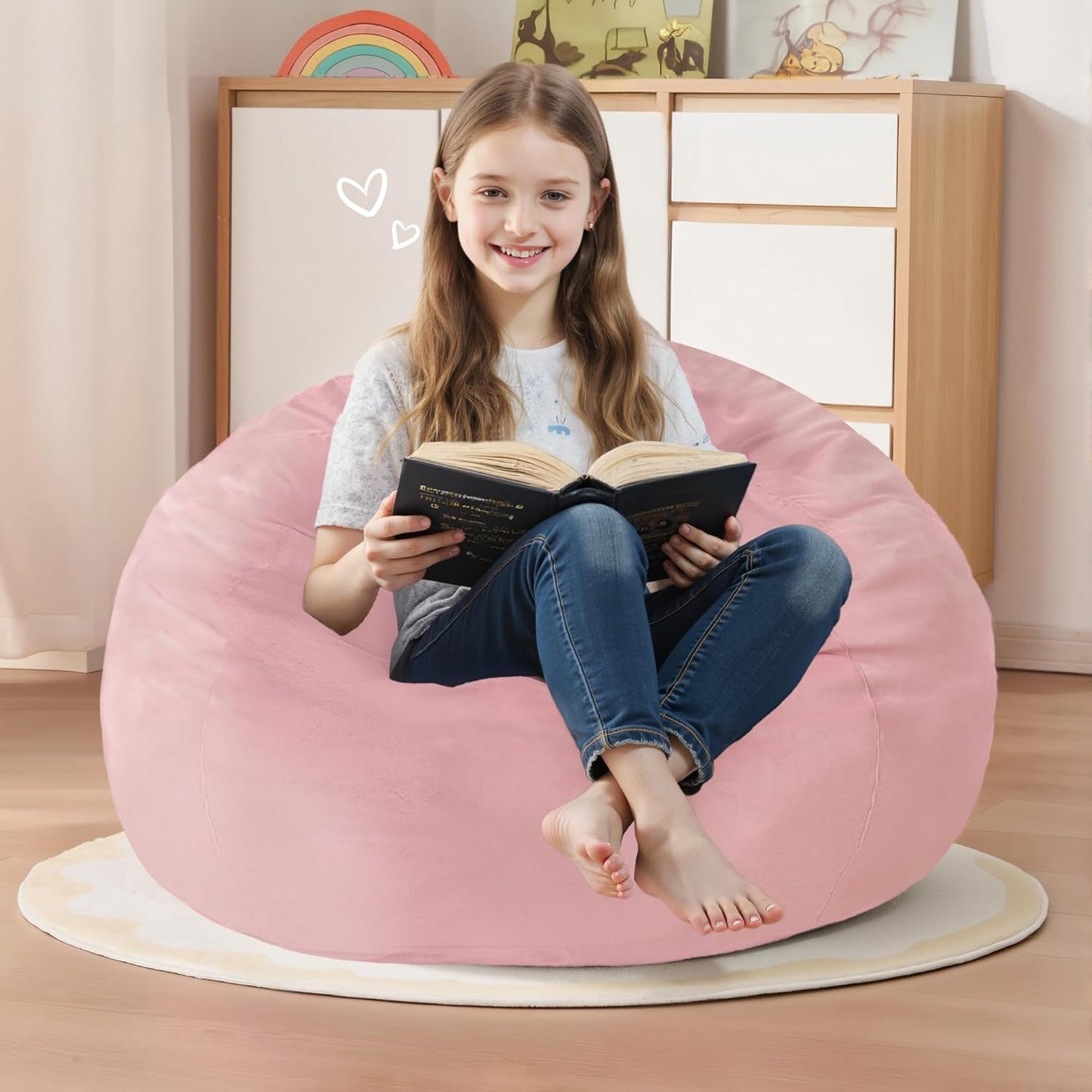 Homguava 2FT Bean Bag Chair: 2' Bean Bags with Memory Foam Filled,Comfy Beanbag Chairs Round Bean Bag Sofa with Dutch Velvet Cover-Light Pink