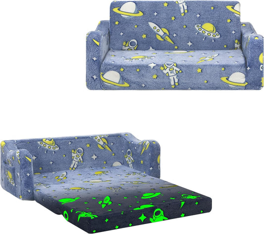 Kids Couch Extra Large,Glow in The Dark 2-in-1 Folding Kids Sofa Bed for Boys,2 Seats Convertible Sleeper Lounger Toddler Couch for Children Bedroom Playroom Nursery,Astronaut