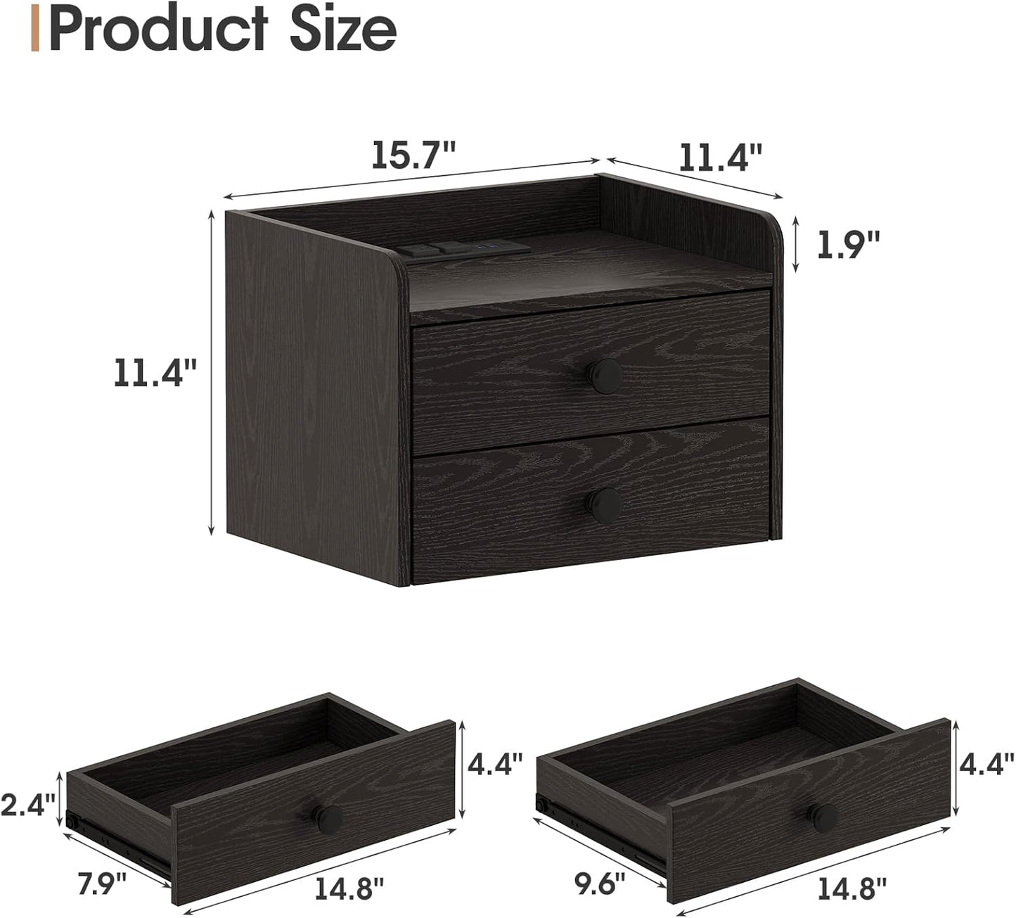 Floating Nightstand Set of 2 with 2 Storage Drawers and Charging Station Wood Wall Mounted Bedside End Table Modern Night Stands Set 2 for Bedroom,Small Space,Black