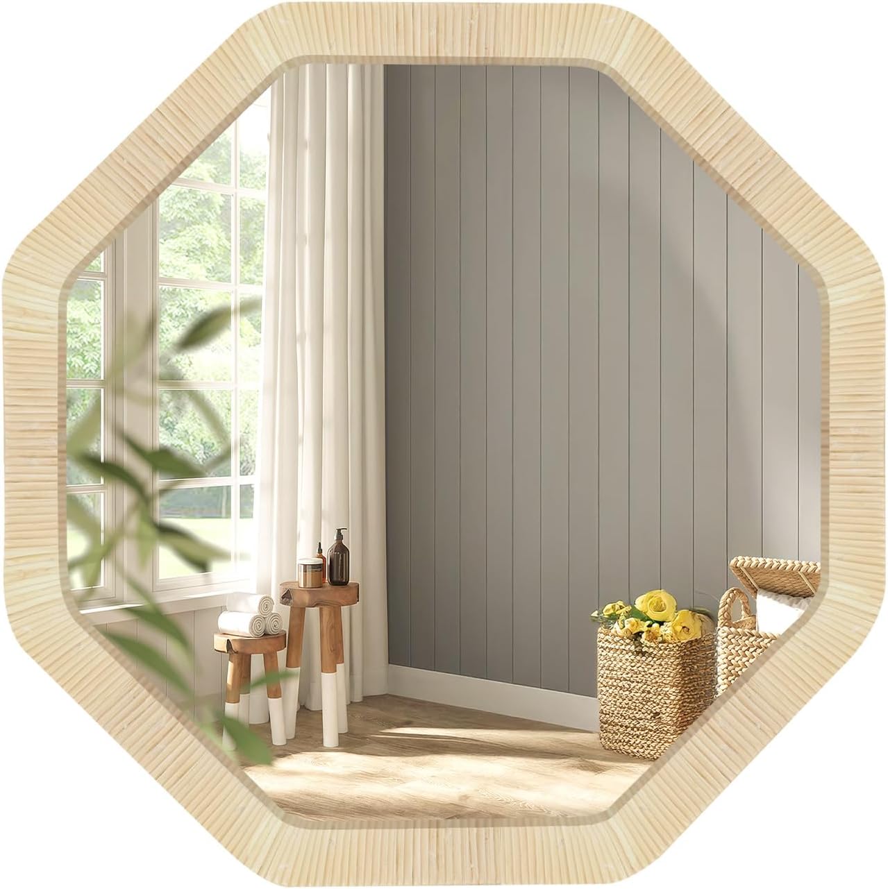 ULIKE Rattan Mirror for Wall, Bathroom 24 Inch Rustic Farmhouse Wall Decor with Handmade Wicker Frame, Boho Woven Mirror for Nursery Bedroom Living Room Entryway