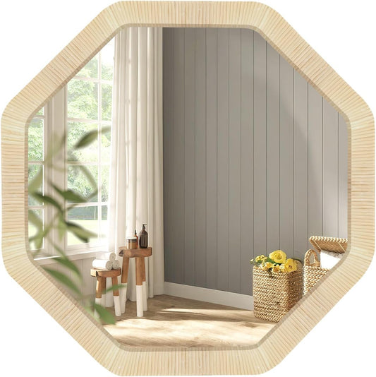 ULIKE Rattan Mirror for Wall, Bathroom 24 Inch Rustic Farmhouse Wall Decor with Handmade Wicker Frame, Boho Woven Mirror for Nursery Bedroom Living Room Entryway