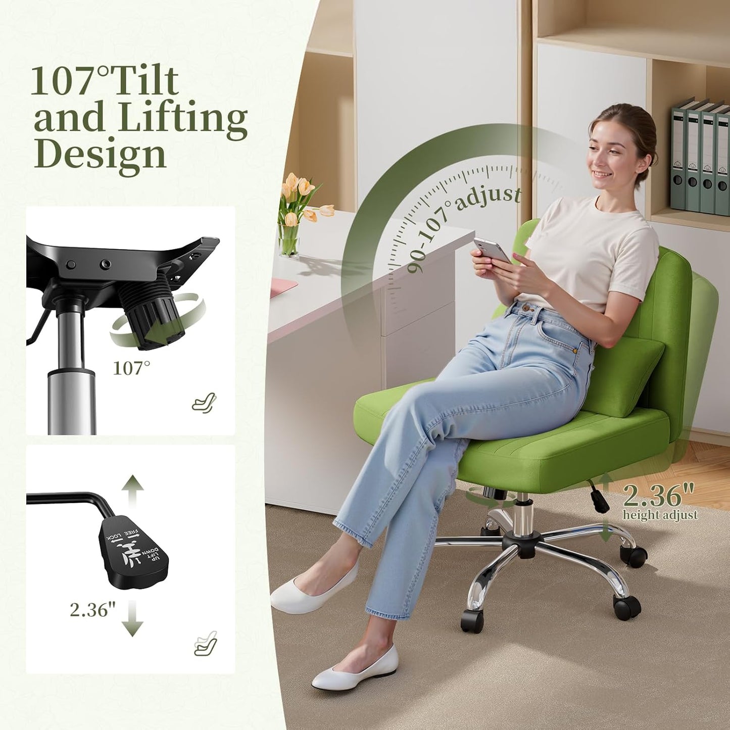 Warmiehomy Criss Cross Office Chair with Wheels, Velvet Cross-Legged Desk Chairs for Home, Height Adjustable Swivel Wide Seat Computer Chair, Morden Vanity Chair for Women, Light Green