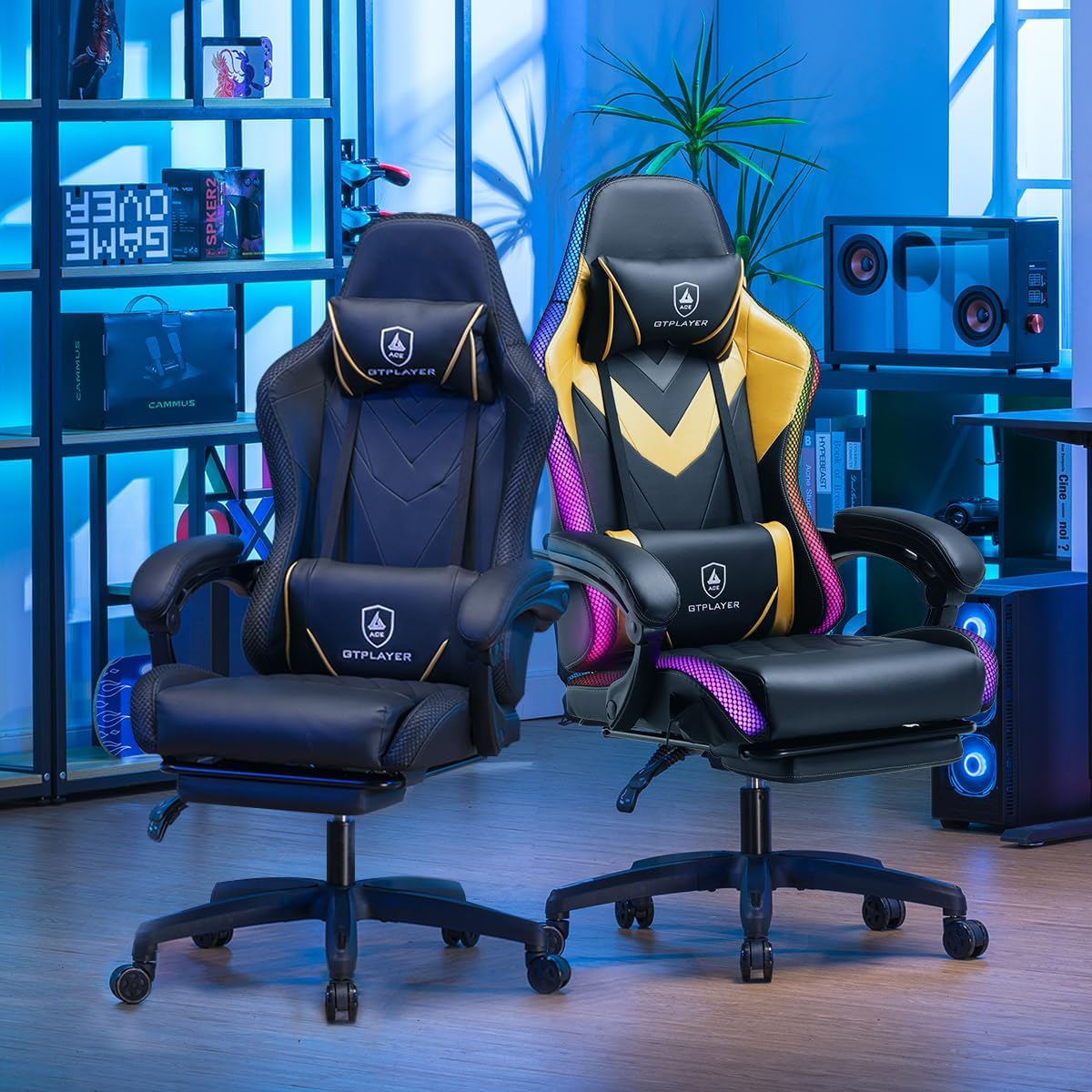 GTPLAYER Gaming Chair, RGB Gaming Chairs with LED Lights, Video Gaming Chair for Adults, Ergonomic Computer Gaming Chair with Linkage Armrest, Reclining Chair with Headrest (Without Massage, Black)