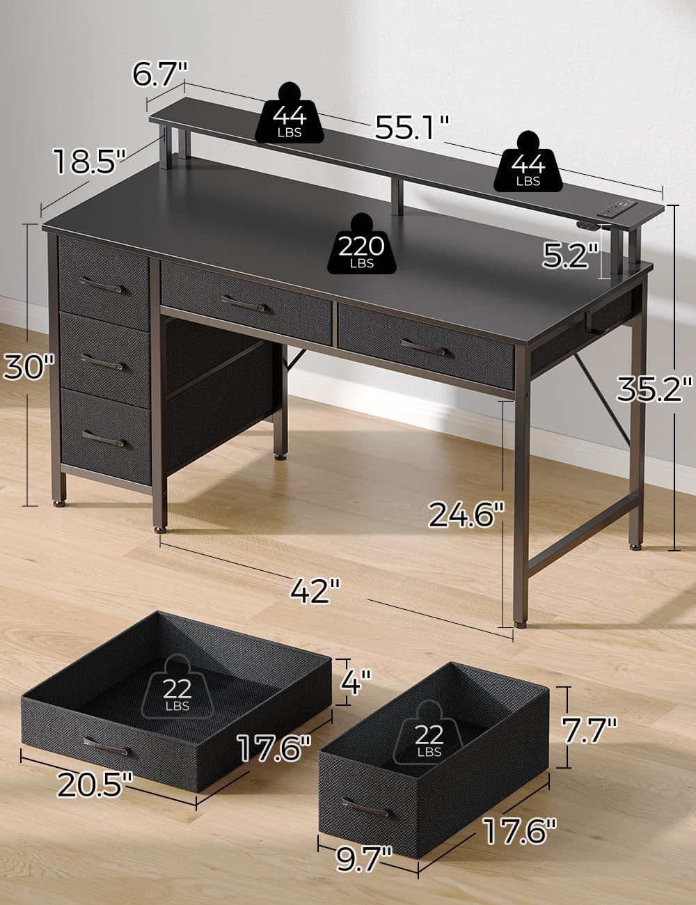 Seventable Computer Desk with Power Outlets & LED Light, 55 inch Home Office Desk with 5 Drawers, Writing Desk with Monitor Stand, Work Desk for Home Office, Black