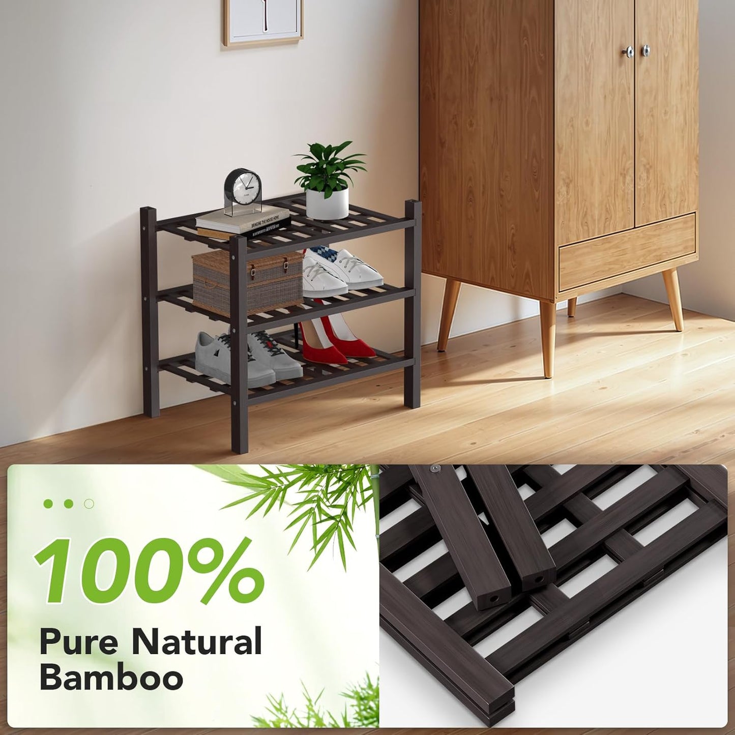 Haddockway small 3 Tier Bamboo Shoe Rack Storage Organizer, Multifunctional Free Standing Stackable Shoe Shelf with Grid Panel for Closet,Hallway,Entryway,Small Space 18"x11"x17"(Brown, 3-Tier(Small))