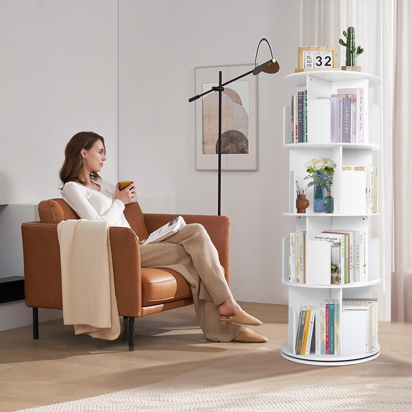 Rotating Bookshelf,Wooden Rotating Corner 4-Tier 360 Display Spinning Floor Standing Bookcase White Stackable Bookshelf Storage Rack Organizer for Small Space Bedroom Living Room Study Room