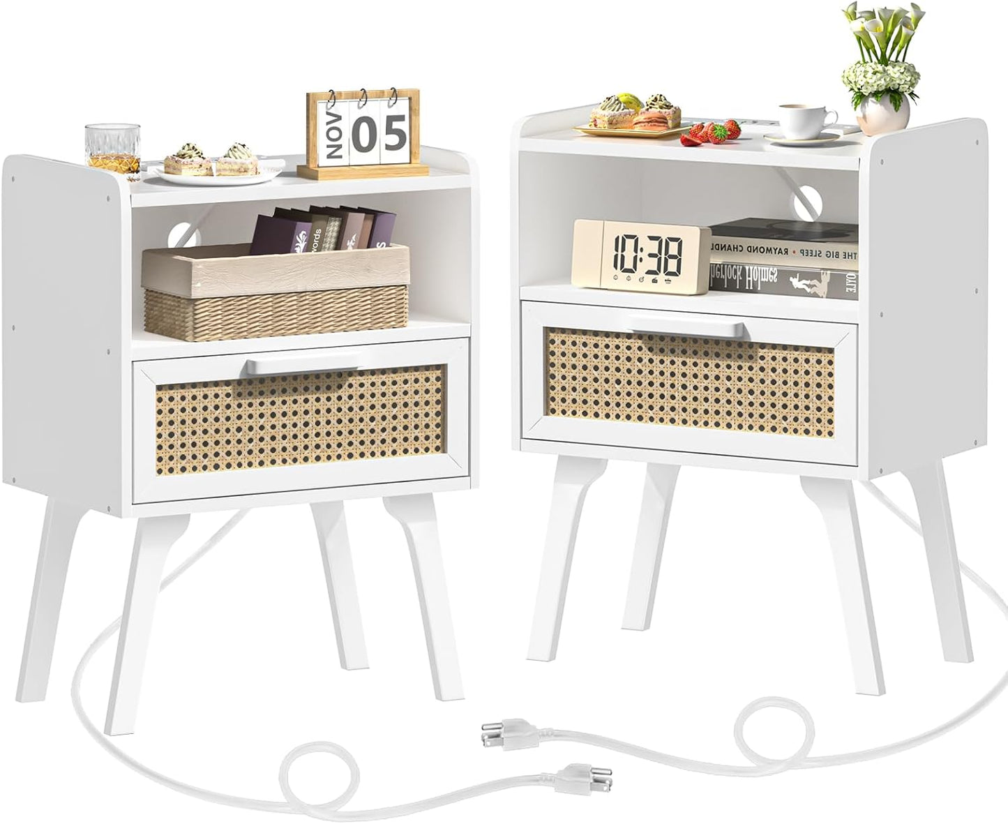 Lerliuo Rattan Nightstands Set of 2 with Charging Station, White Bedside Table with Drawer Open Shelf, Cane Accent Side End Table with Solid Wood Legs, Night Stand for Bedroom, Dorm and Small Spaces