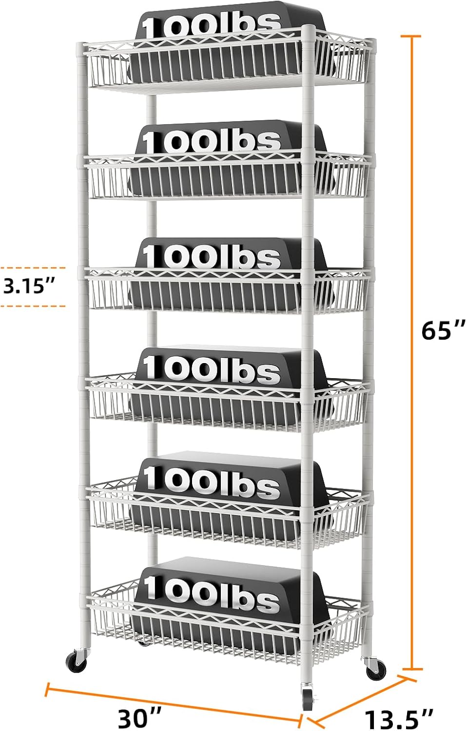 SINGAYE 6 Tier Big Basket Shelf Wire Shelving Unit Adjustable Storage Shelves Rack for Garage Kitchen Office Pantry Corner Metal with Wheels White