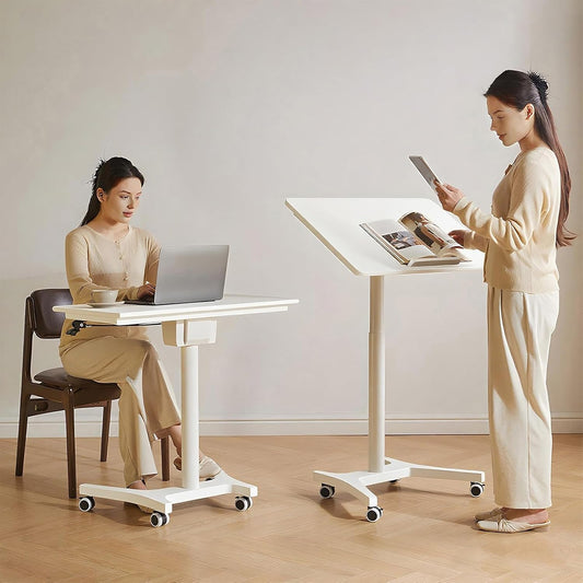 Adjustable Computer Desk, Solid Wood Folding Desk with Wheels, Mobile Home Office Laptop Table, Sit Stand Workstation, Rolling Desk, 28.35-42.52 H x 31.5 W x 19.69 D Inches,White