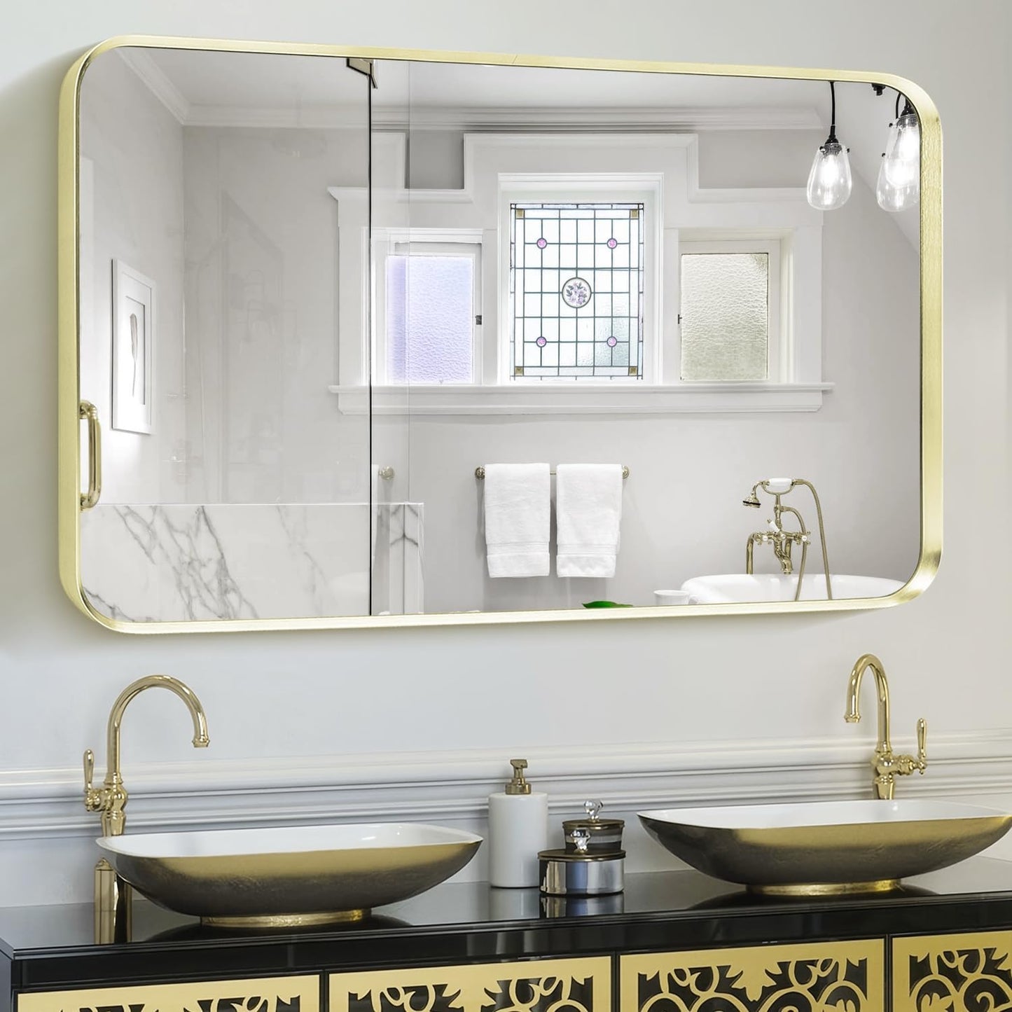 Large Gold Bathroom Mirror, Rounded Corner Rectangular Brushed Gold Frame Vanity Mirror, Wall-Mounted, Anti-Rust, Tempered Glass, Hangs Horizontally or Vertically (30" x 48", Gold)