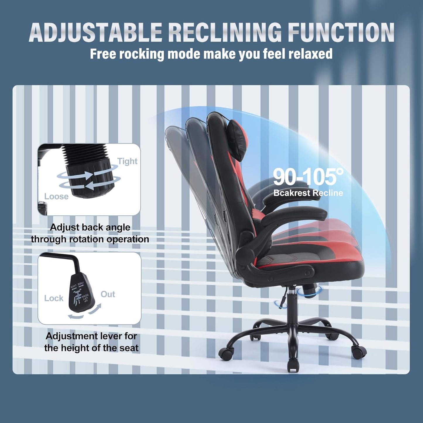 OLIXIS Computer Gaming Desk Chair - Ergonomic Video Game with Comfy Lumbar Support and headrest, PU Leather with Flip-up Arms, Adjustable Height and Swivel Wheels, for Adults, Red