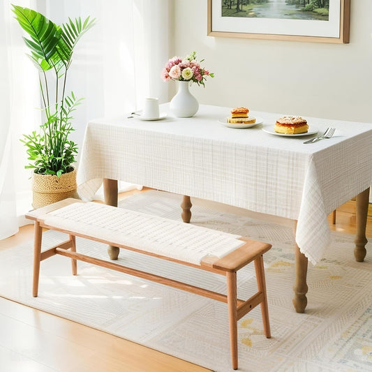 Solid Wood Entryway Bench, Wooden Dining Benches for 2, End of Bed Bench w/Hand-Woven Rope for Bedroom Kitchen Dining Room Living Room Entry Décor (White Rope, 31.49" L)