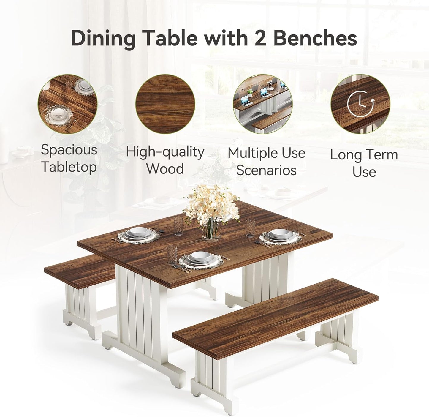 LITTLE TREE Dining Table Set for 4 with 2 Benches, Modern Kitchen Table with MDF Board, Space-Saving Dinette for Kitchen, Dining Room, Brown and White