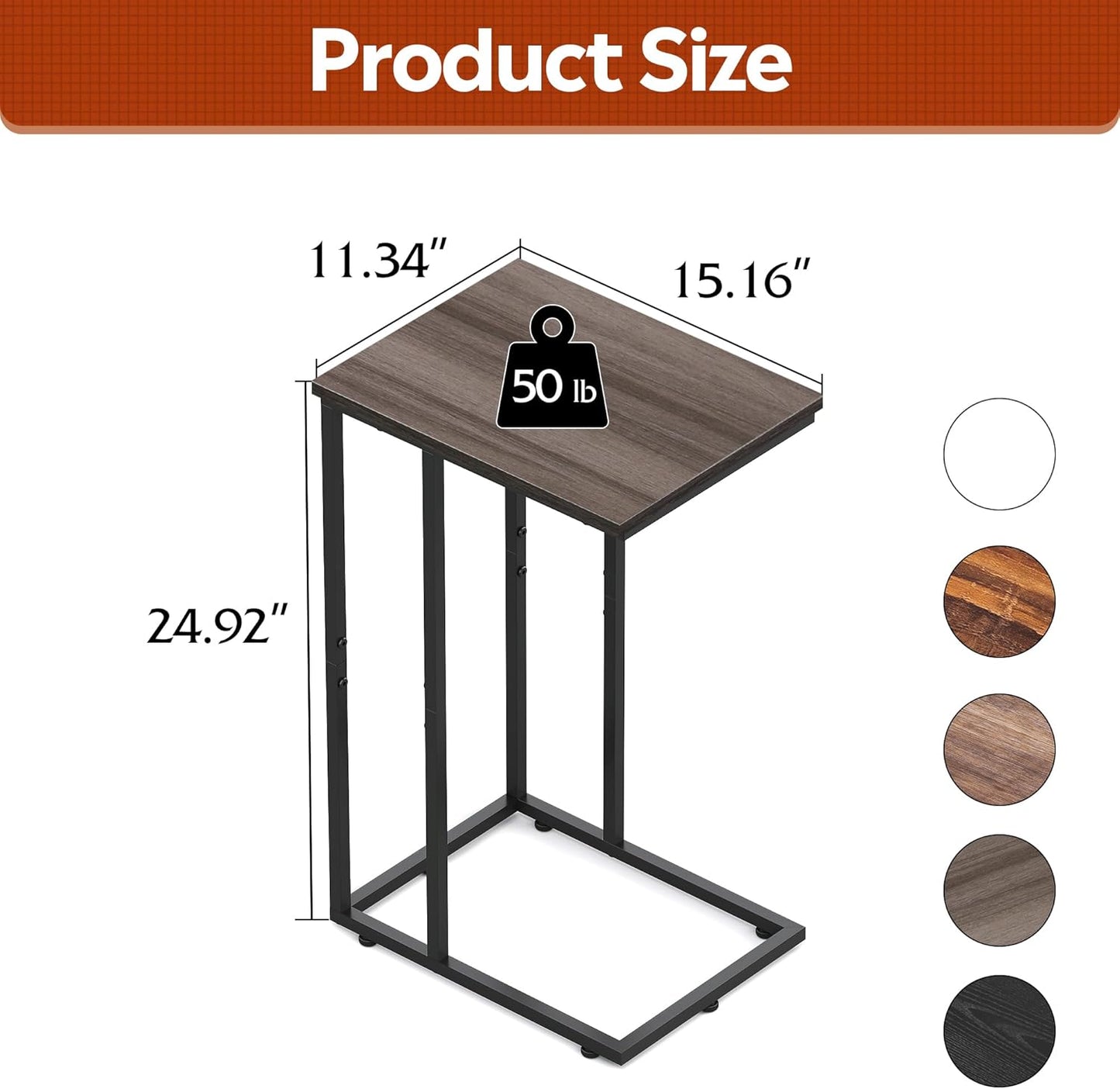 WLIVE Small Side Table, C Shaped End Table for Couch, Sofa and Bed, Tv Tray Table That Slides Under for Living Room, Bedroom, Bedside, Gray and Black