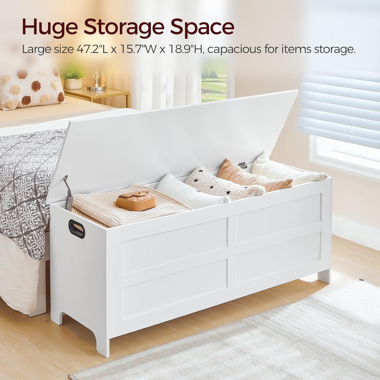Storage Chest, 47.2” Large Toy Chest, Entryway Storage Trunk, Storage Bench with Safety Hinge, Entrance Bench for Living Room, Entrance, Bedroom, White SCWT48901