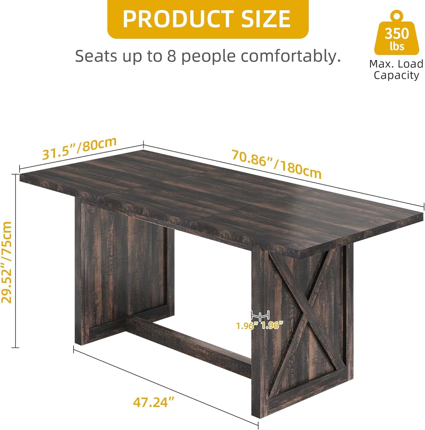 DWVO Farmhouse Large Dining Table for 6-8 People, 70.8 Inch Rectangular Wood Dining Table, Rustic Kitchen Dinner Table with X Solid Legs for Dining Room Grey