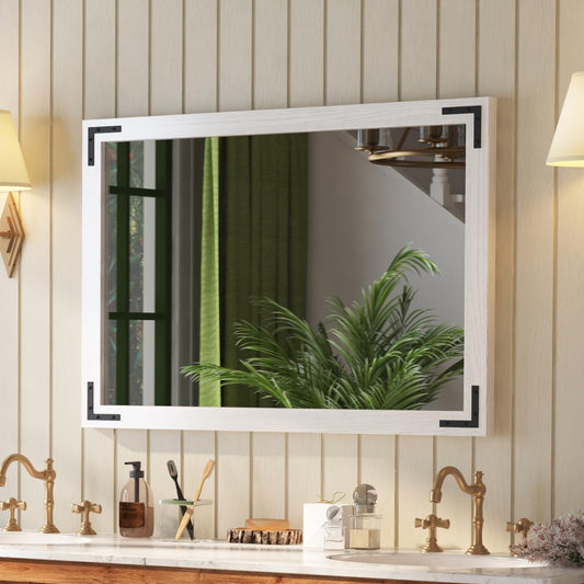 VocalStar White Wood Framed Mirror 28 x 40 Inch, Rustic Natural White Wooden Rectangle Bathroom Vanity Wall Mirror for Farmhouse Boho Decor, 1/4-inch Shatterproof Glass | Waterproof