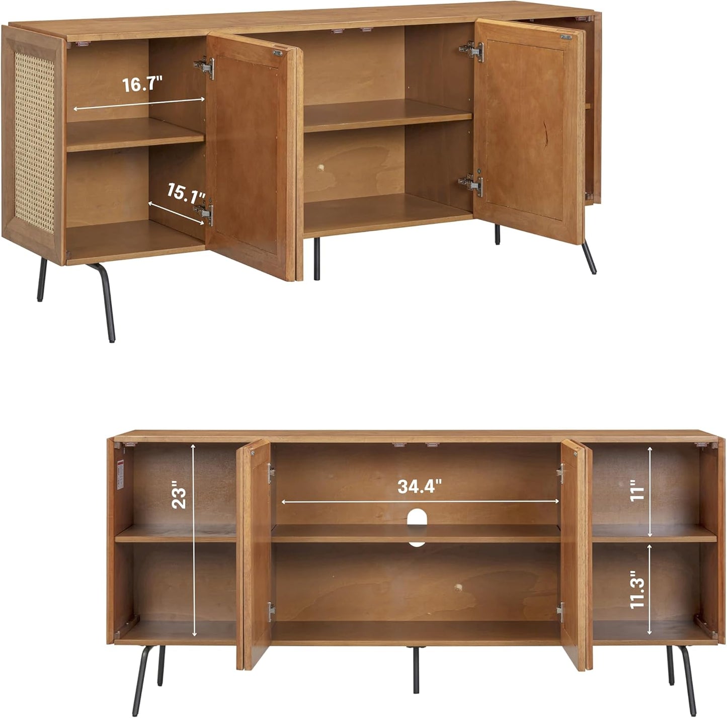 NTC MOSSIC Modern Sideboard with 4 Doors, Natural Rattan Storage Cabinet, Buffet with Metal Legs, Boho Accent Cabinet for Living Room, and Entryway, Effortless Assembly, Teak Look