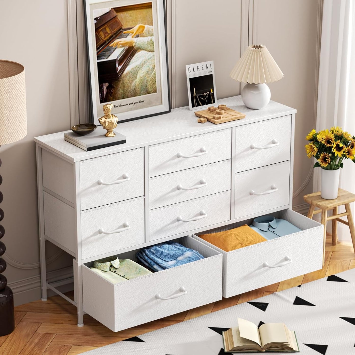 Furnulem Dresser for Bedroom with 9 Fabric Drawers for 55'' Long TV Stand Entertainment Center & Chests of Drawers, Wide Dresser Storage for Living Room, Dorm, Entryway, Sturdy Metal Frame, White
