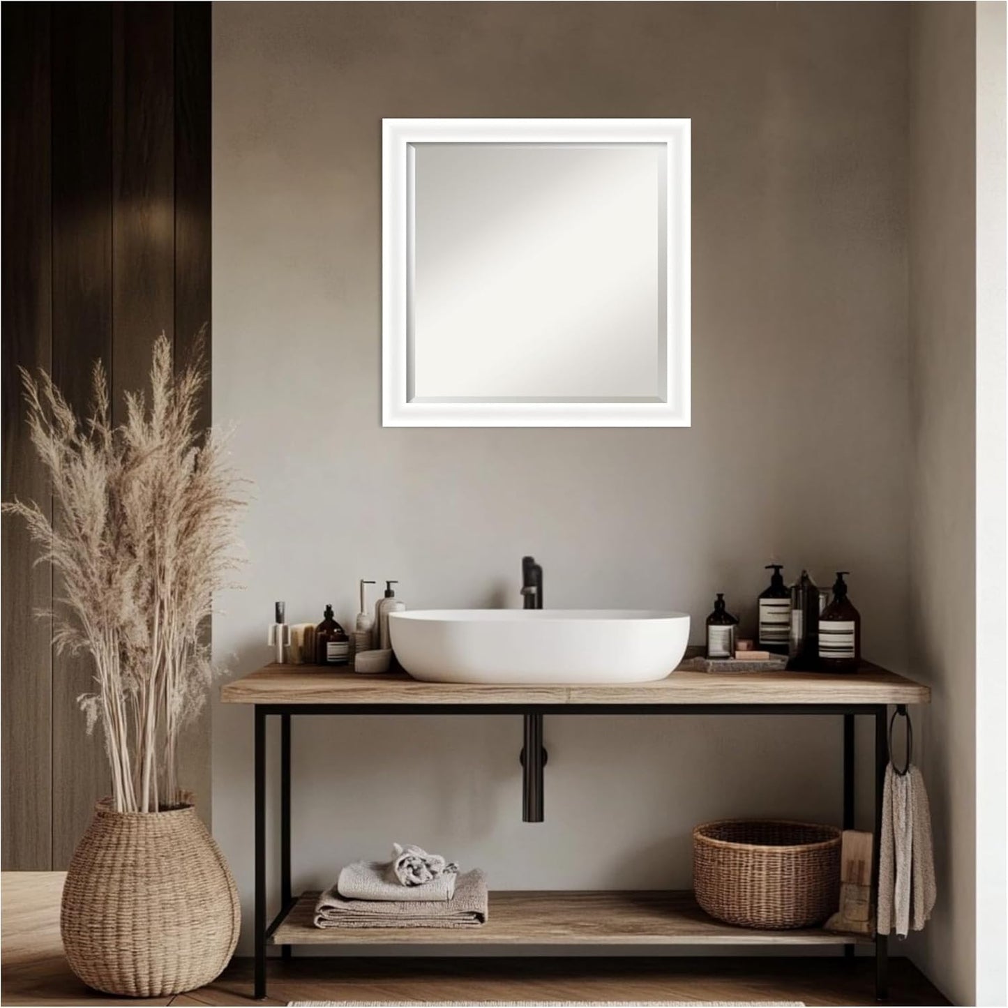 Amanti Art White Bathroom Mirror for Over Sink, 23x23 Oliver White Narrow Square Vanity Mirror, Medium Modern Wood Frame, Hangs Horizonally and Vertically, Bathroom Wall Decor, Beveled Edge