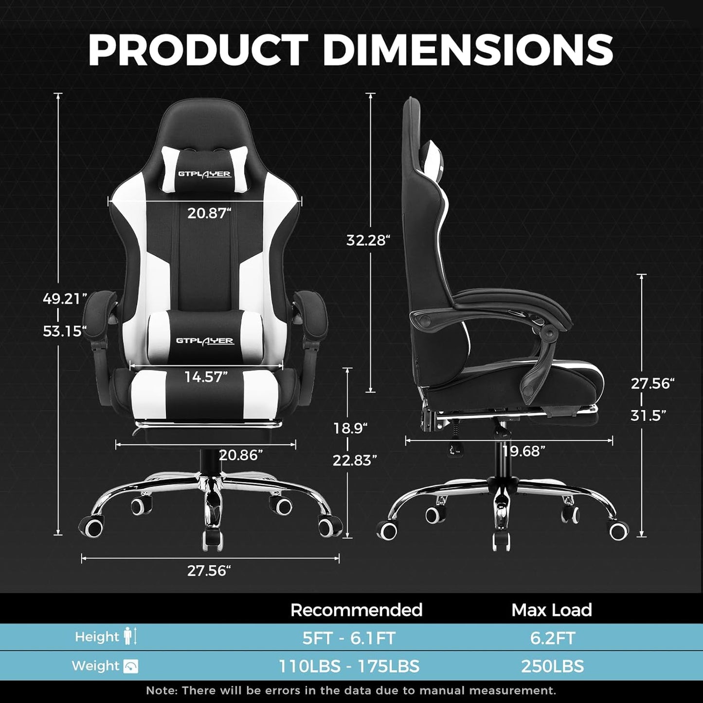 GTPLAYER Gaming Chair, Computer Chair with Footrest and Lumbar Support, Height Adjustable Game Chair with 360°-Swivel Seat and Headrest and for Office or Gaming (Fabric, Black & Light Gray)