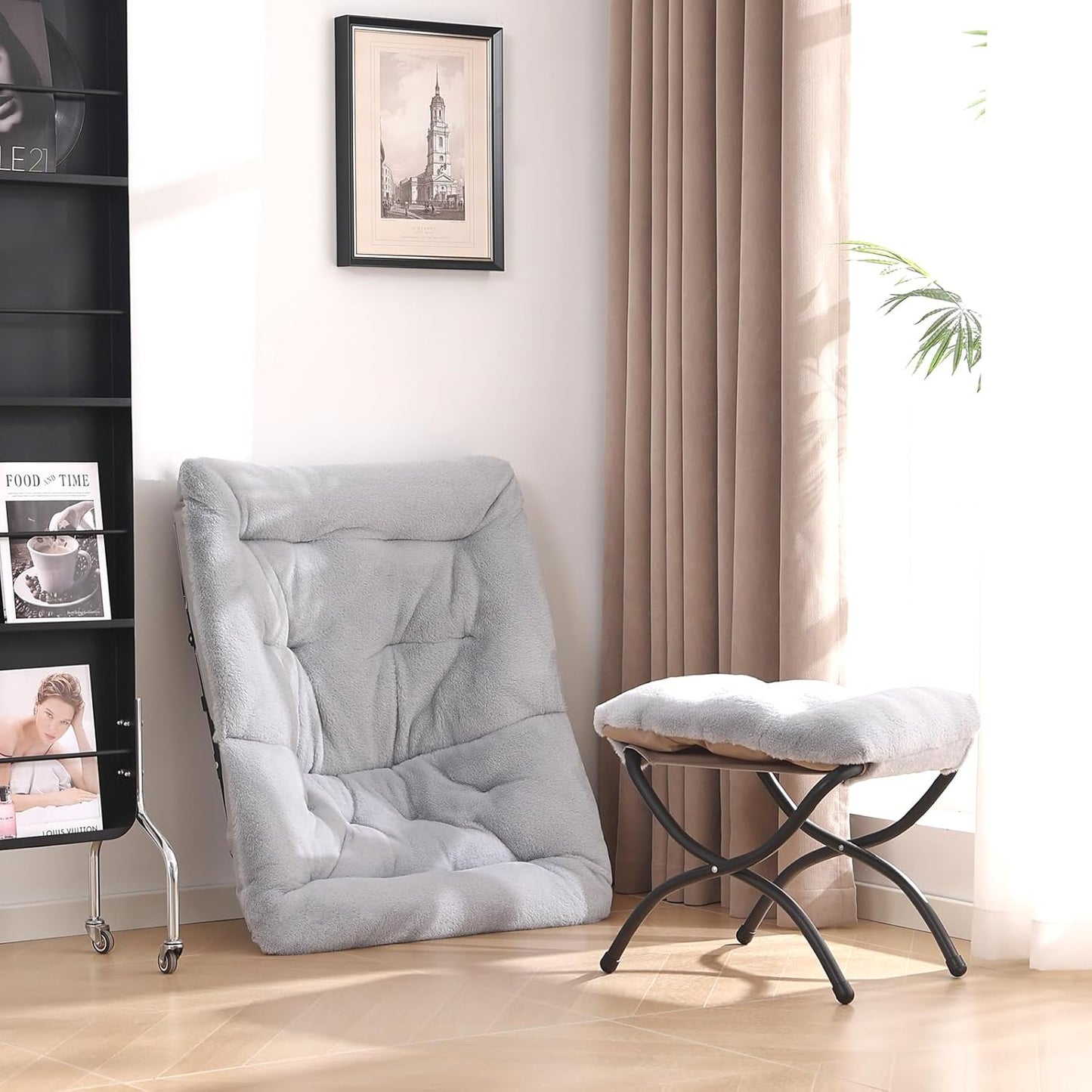 Comfy Saucer Chair with Ottoman, Oversized Folding Faux Fur Chair Soft Furry Lounge Lazy Chair with Metal Frame Moon Chair Accent Chair for Bedroom, Living Room, Dorm Rooms, Grey