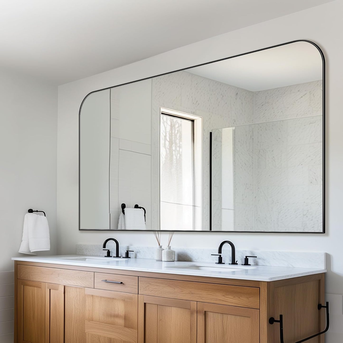 Bathroom Mirror, Wall Mirrors, Black Metal Framed Wall-Mounted Mirrors, Bathroom Vanity Mirror for Over Sink, Living Room, Bedroom, Entryway, 55x30 Inch, Black