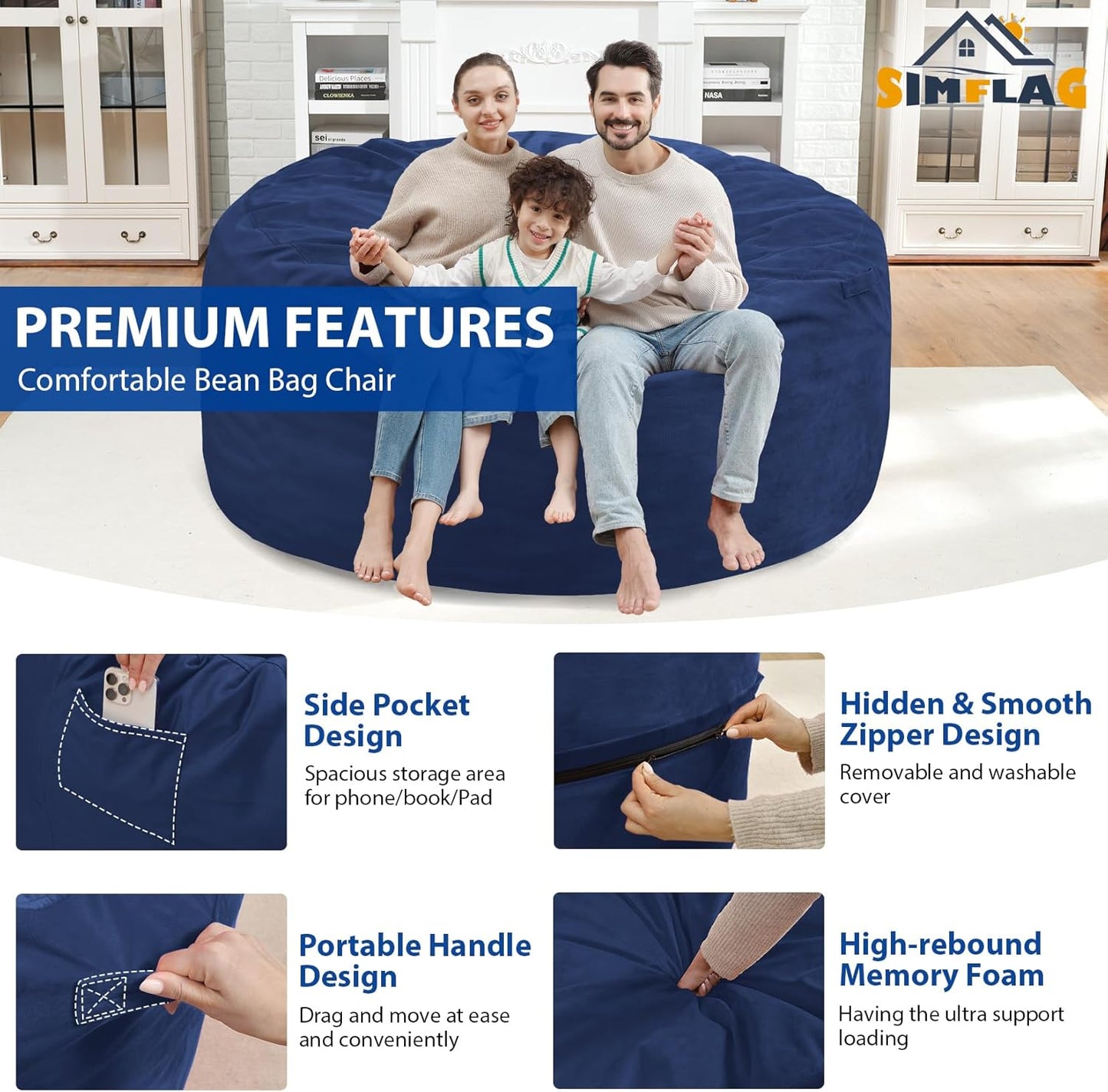 5FT Bean Bag Chair, Large Bean Bag Chairs with Memory Foam Filled, Fluffy Beanbag Sofa with Dutch Velvet Cover, Round BeanBag Chairs for Living Room, Playroom - Blue