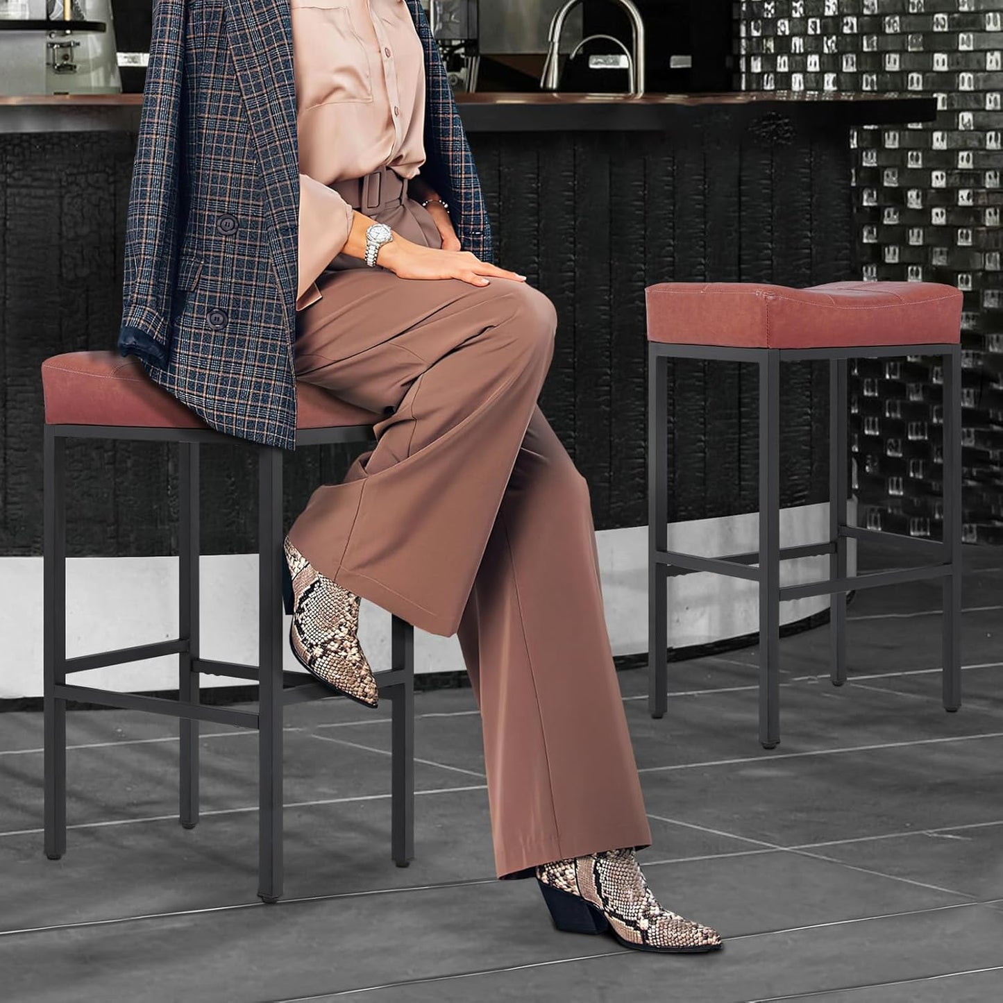 Athena Collection Counter Height Bar Stools Set of 2, 31.5 Inches Saddle Bar Stools with Leather Upholstered and Metal Legs, Backless Barstools for Counter, Kitchen Island, Dining Room, Mocha