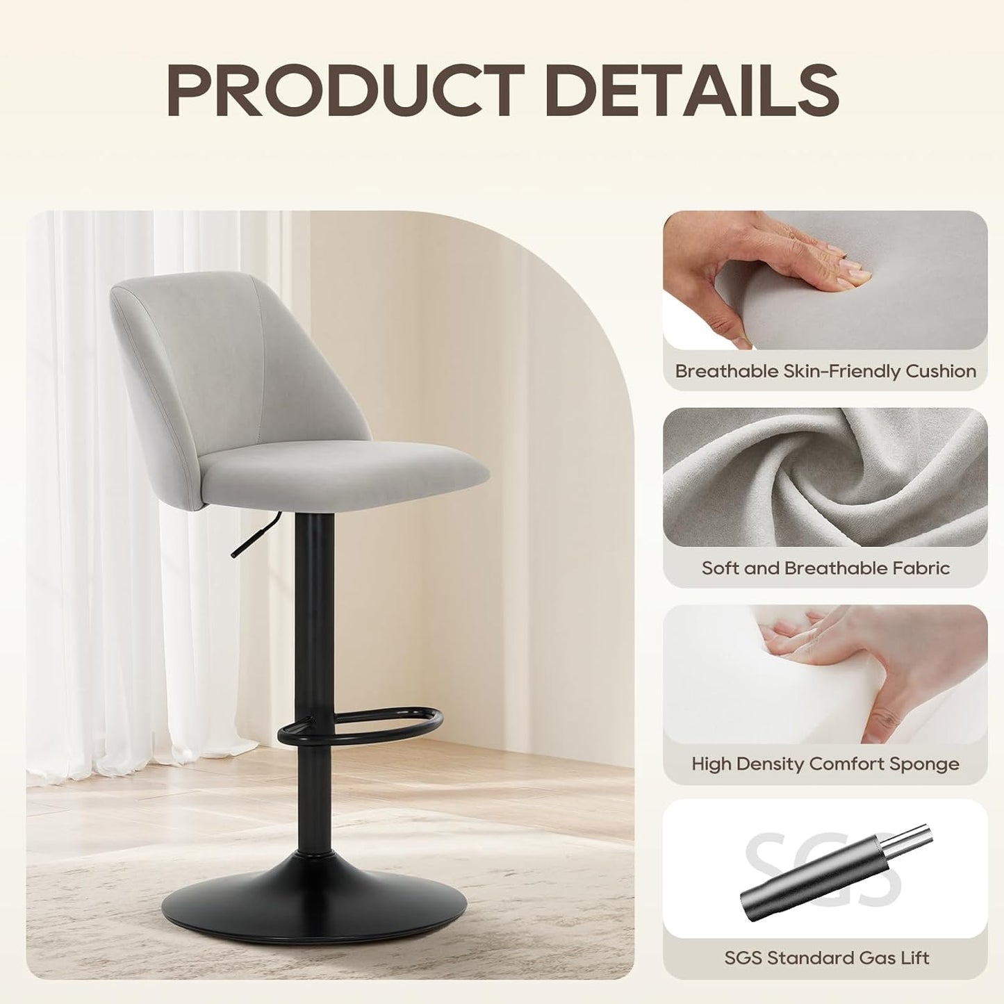 COLAMY Bar Stools Set of 4, Modern Swivel Bar Chairs, Adjustable Upholstered Barstools Counter Height with Full Backrest for Bar, Dining Room, Kitchen Island, Grey