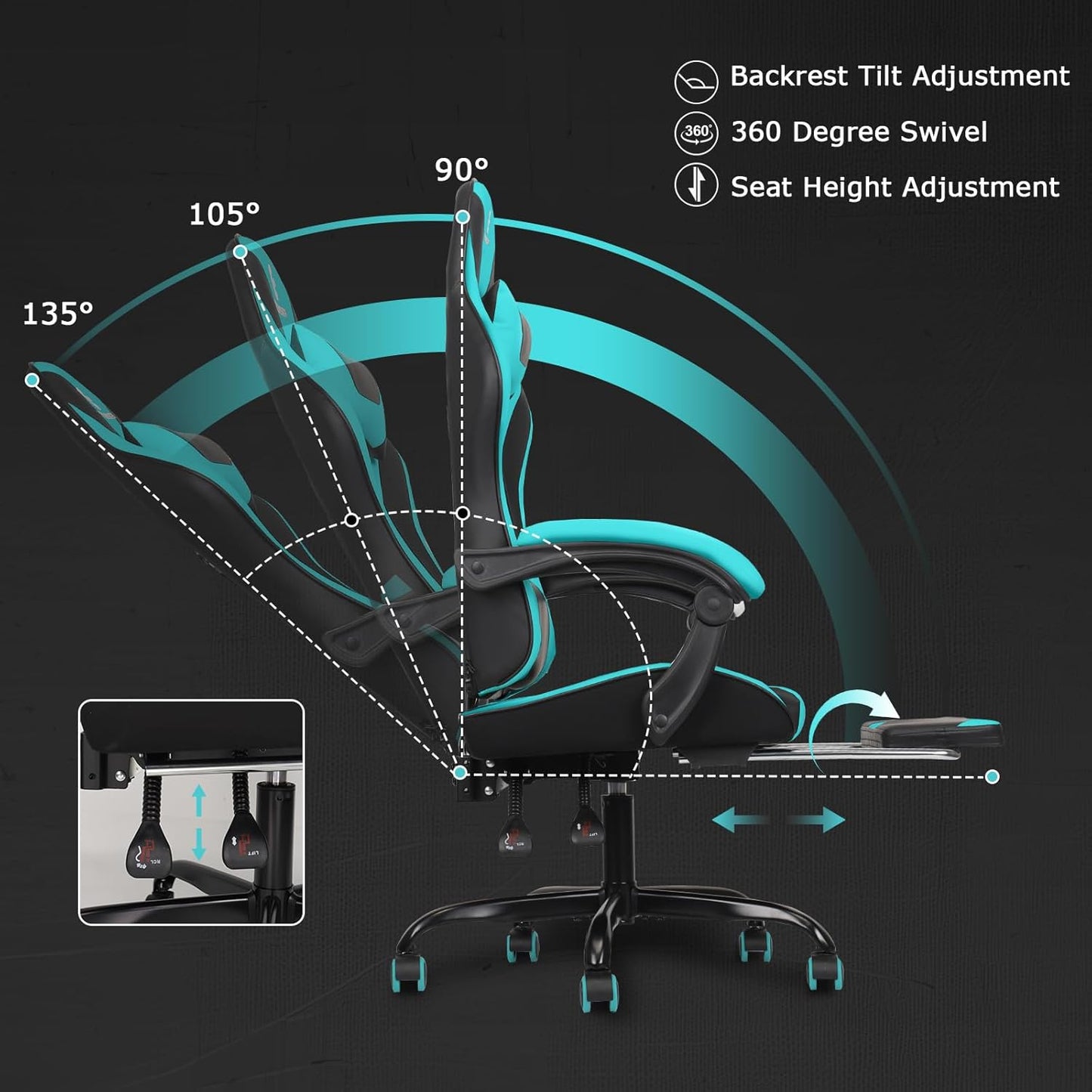 Gaming Chair with Linkage Armrest & Footrest, High Back Video Gaming Chair, Black/Light Blue