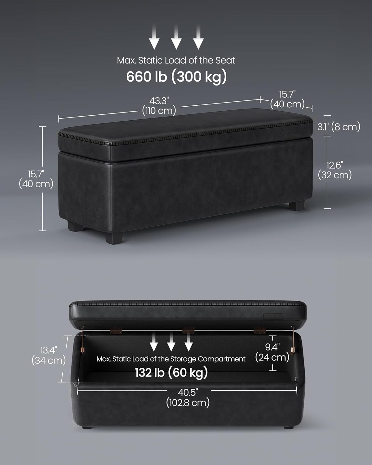 VASAGLE EKHO Collection - Storage Ottoman Bench, Entryway Bedroom Bench, 25 Gallons, Synthetic Leather with Stitching, Mid-Century Modern, Safety Hinges, Loads 660 lb, Ink Black ULOM075B01