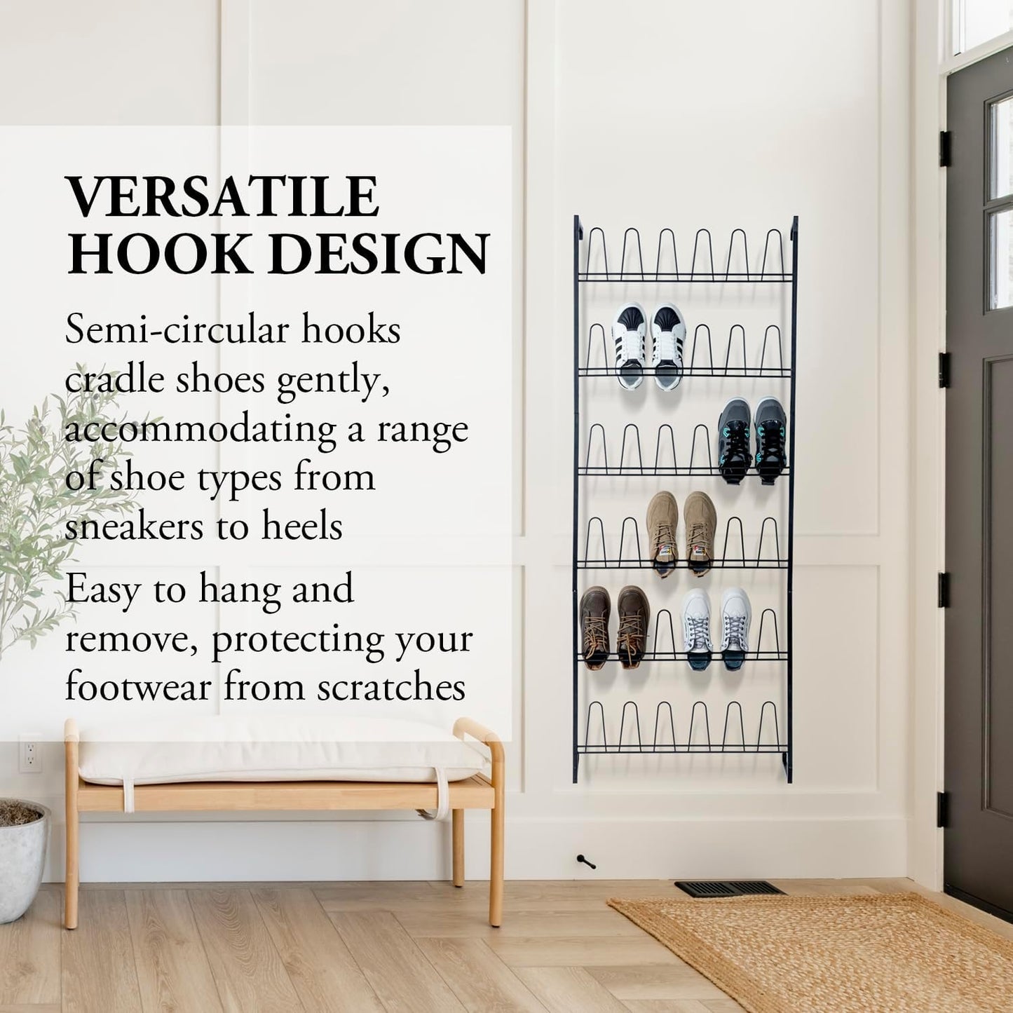 MyGift 70 Inch Black Metal Shoe Organizer for Entryway, Wall Mounted Shoe Rack for Closet with 36 Hooks, Holds up to 18 Pair