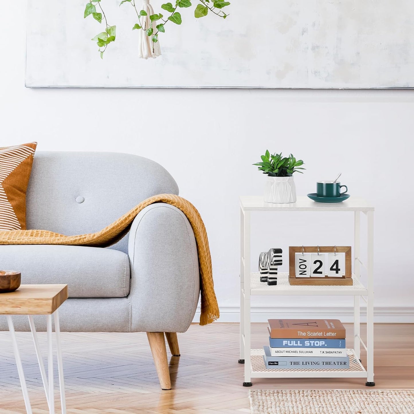 OYEAL End Table, Small Side Table Living Room, White Nightstand with 2-Tier Storage Shelf, Printer Stand Sofa Table for Small Spaces, Living Room, Bedroom, Easy Assembly