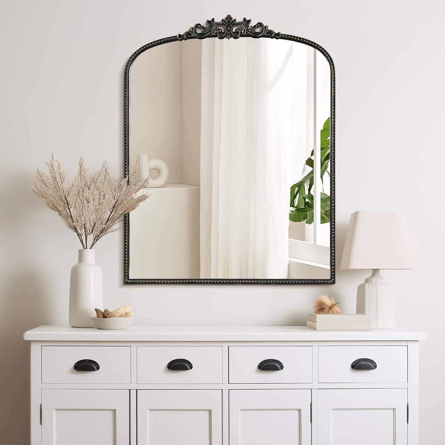 WallBeyond Gold Vintage Arched Mirror, 28x36 Inch, Black Ornate Frame, Wall Mounted, Rectangular, Art Deco Style for Bathroom, Living Room, Bedroom