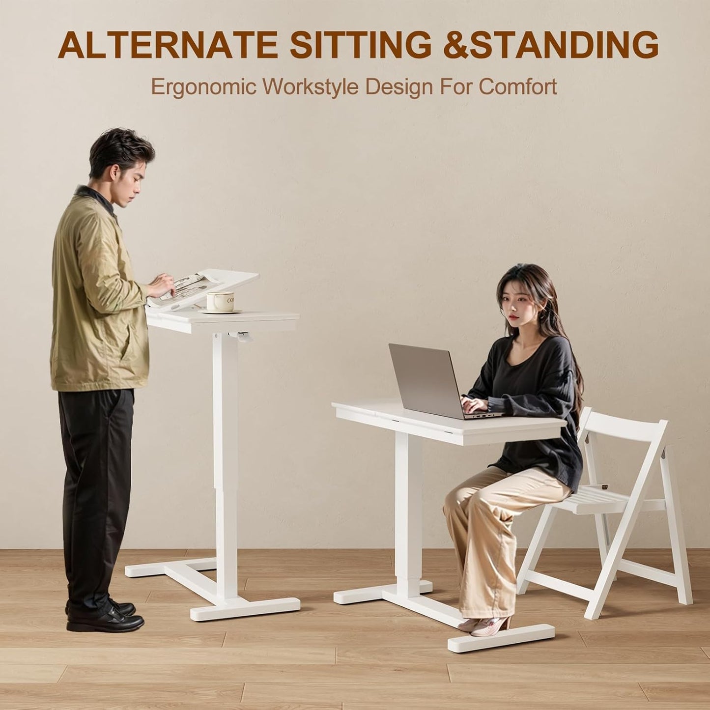 Solid Wood Overbed Bedside Table with Wheels, Adjustable Medical Tilt Top Hospital Bed Table Over The Bed, Rolling Laptop Desk, Mobile Standing Desk for Hospital and Home Use (White)