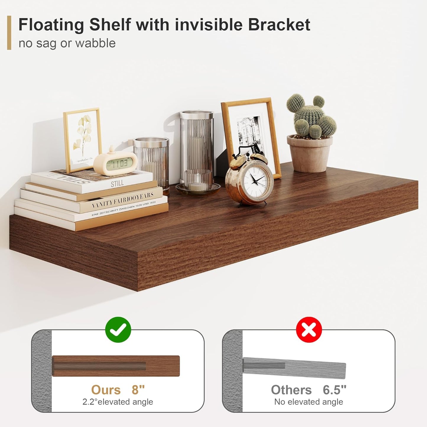 Heimlove Walnut Bathroom Shelves Floating Shelves for Wall Shelf Over Toilet Long Wall Mounted Modern Farmhouse,48 x 12 Wall Shelves with Invisible Brackets for Living Room, Kitchen, Bedroom