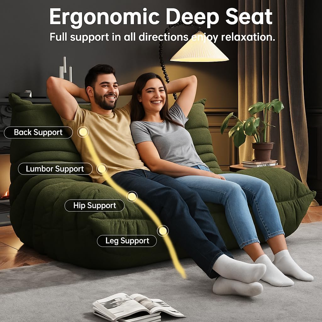 Bean Bag Chairs for Adults, Memory Foam Couch Loveseat Sofa Chair, Soft Teddy Material Cozy Comfy Reading Nook Chairs, Floor Chair for Living Room Bedroom Office(Green)