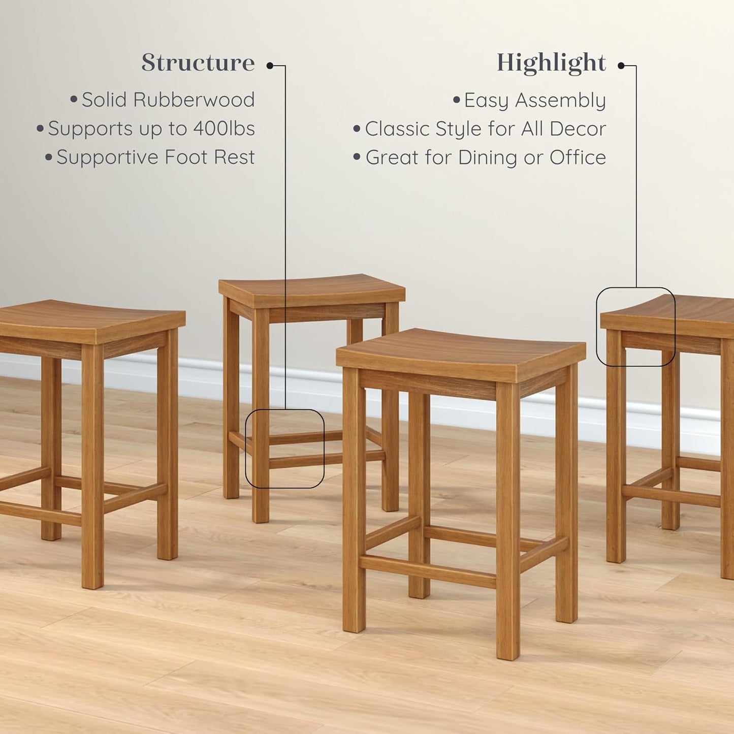 Grain & Grove Smith Collection Set of 4 Solid Wood Counter Height Bar Stools, 24-Inch Saddle Seat Backless Stools, Ideal for Kitchen Island, Dining, or Home Bar Seating, Pecan