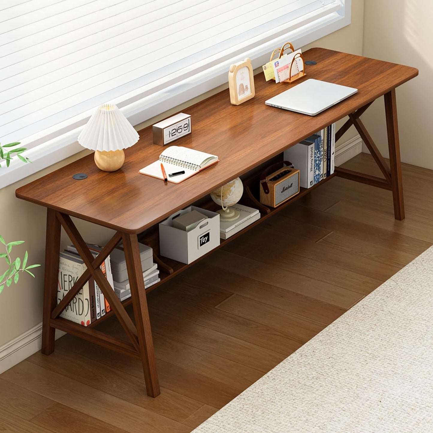 Extra Long Desk with Bookshelf - Wooden Home Office Work Study Table, 2-Person Writing Computer Workstation with Storage Shelf in Walnut, 71" Wx20 Dx30 H