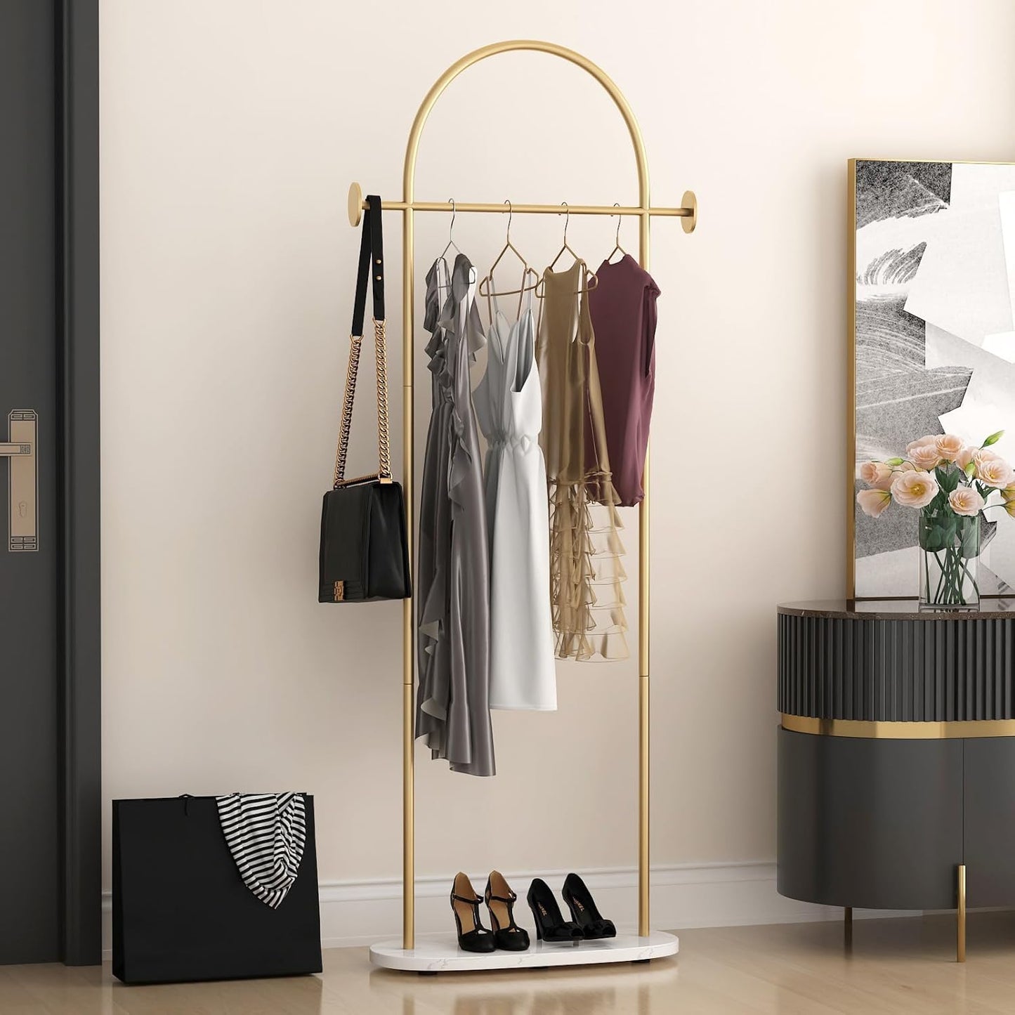 Gold Clothing Rack, Modern Clothes Rack with Shelf, Heavy Duty Freestanding Coat Rack, Metal Coat Hanger Stand with Hooks for Boutique Office