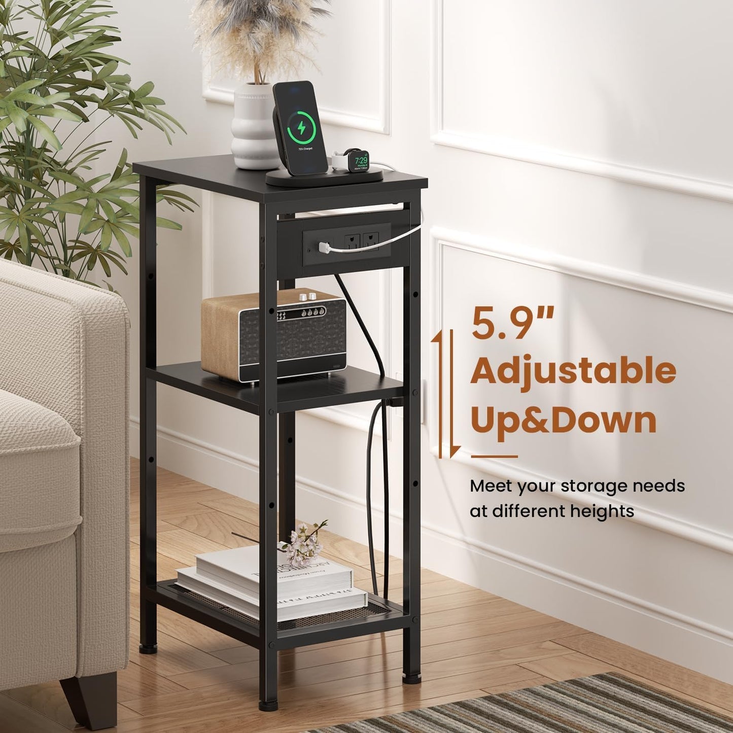 Tall End Table with Fast Charging Station, 3 Tier Narrow Side Table with Outlets and USB Ports & Type-C, Tall Nightstand with Storage, Bedside Table Stand for Living Room, Bedroom, Black