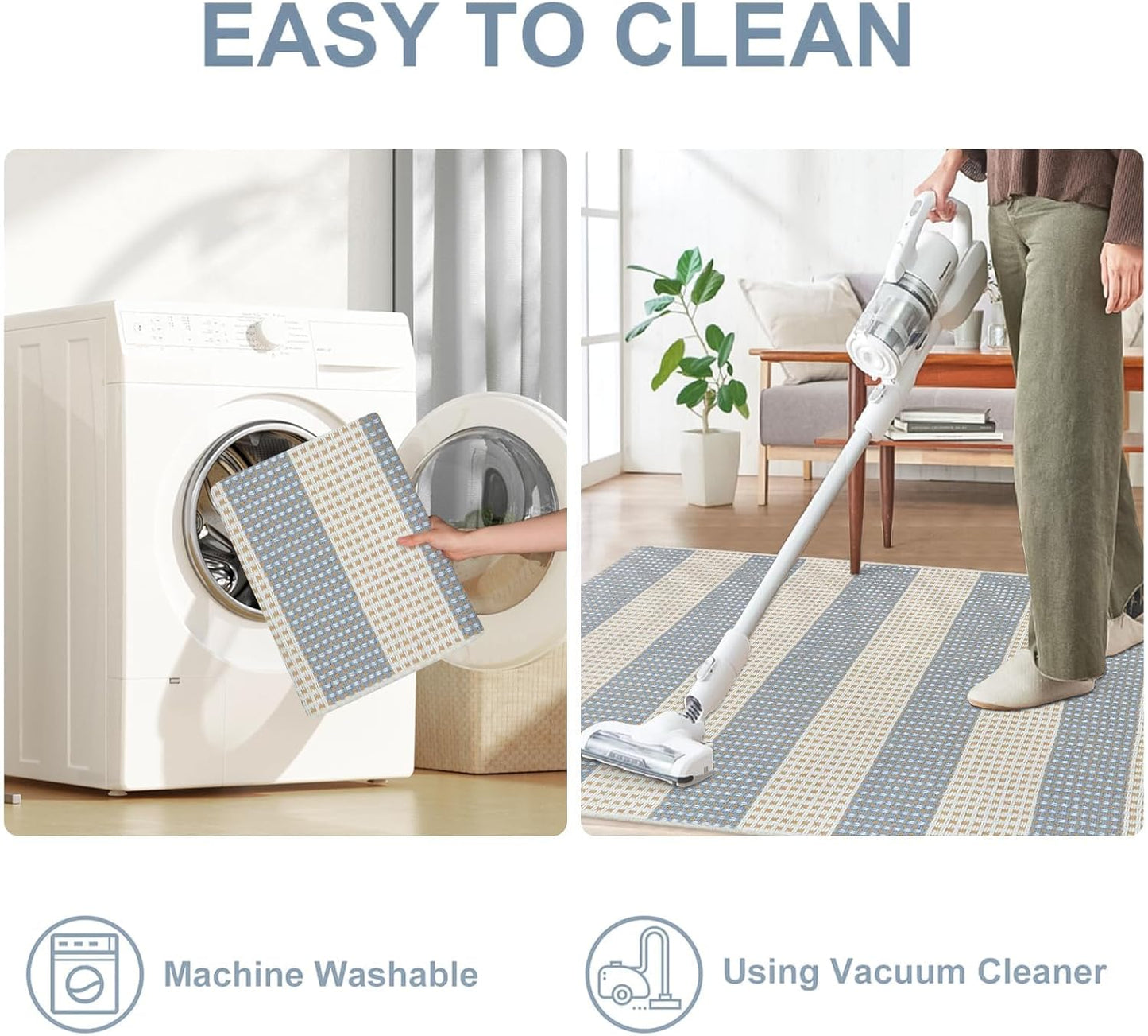 OJIA Washable Area Rugs 4'x6', Striped Outdoor Rug Cotton Woven Entryway Rugs Indoor Patio Rugs Carpet Large Area Rugs for Bedroom/Porch/Deck/Backyard/Camping/Living Room (Blue/White/Tan)